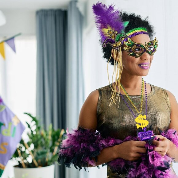 Feather Headbands Bead Necklaces Mask Set for Masquerade 1920s Party Women Men - Picture 5 of 6